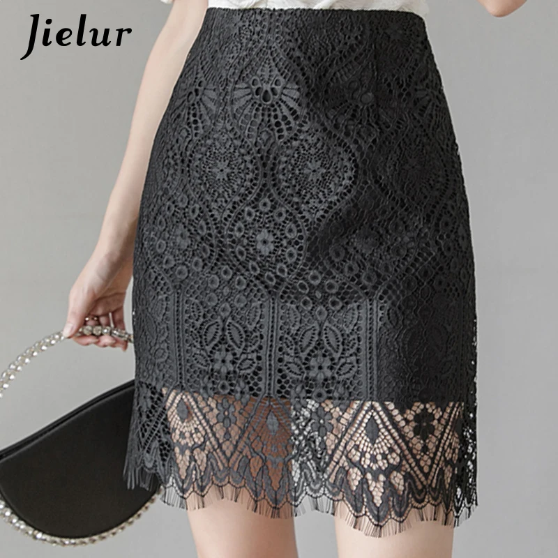 Jielur Lace Women Skirt Solid Color Slim High Waist Saia Faldas New Korean Chic Zipper Mini Skirt Summer Skirts Womens Autumn