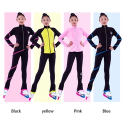 Ternos personalizados de patinação artística para mulheres, jaqueta e calça, calças compridas para meninas, treinamento, patinação no gelo, quente, preto, rosa, manga de malha