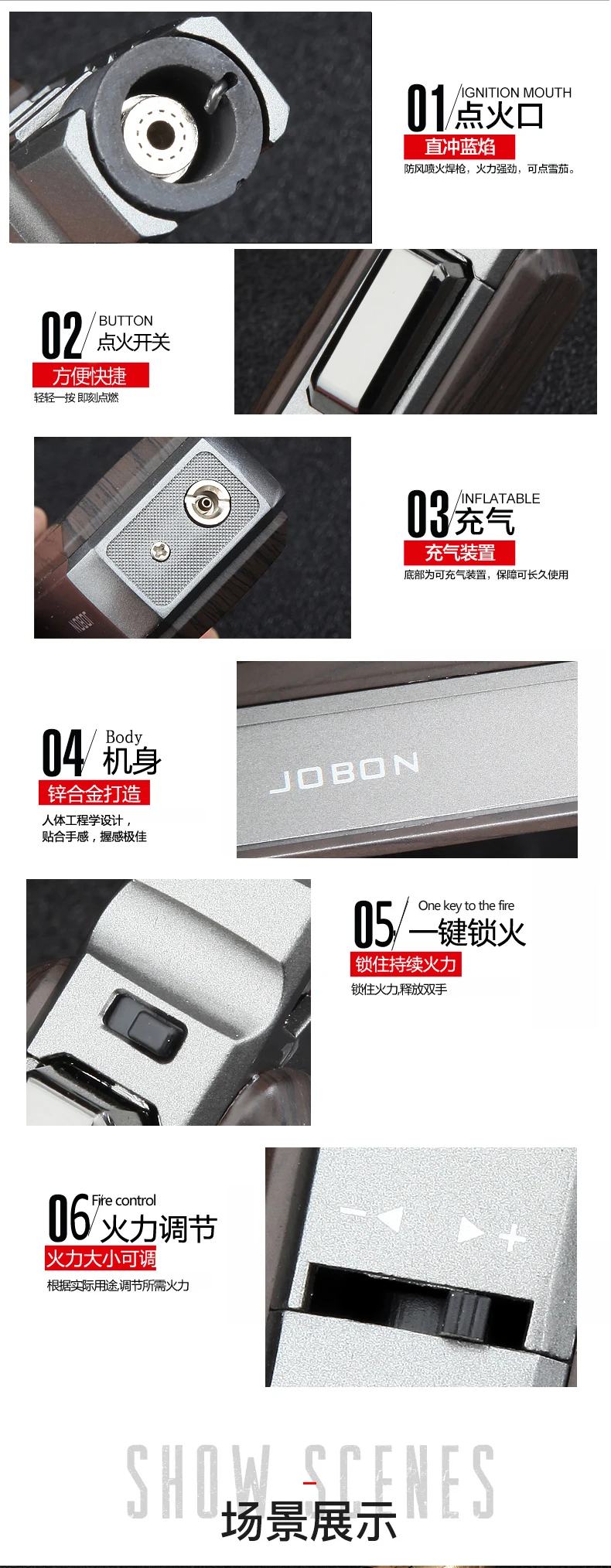 JOBON Kitchen BBQ Cigar Big Jet Flame Turbo Torch Fire Lock Adjust Nachfüllfeuerzeug ohne Butangas – Detail 5