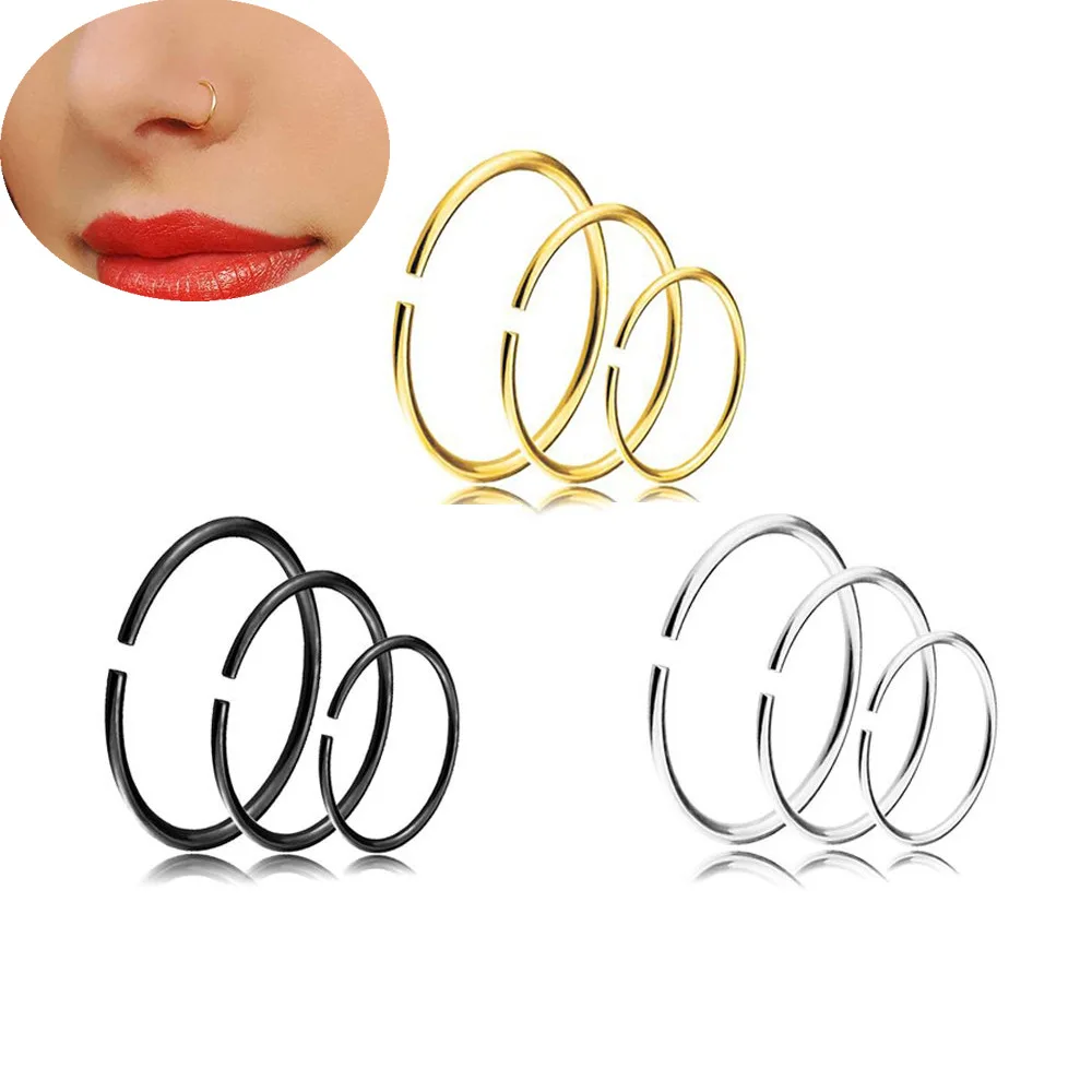 9pcs/set Stainless Steel Black Gold Silver Color Tiny Nostril Segment Nose Rings Hoop Piercings Clip On Helix Rings Body Jewelry