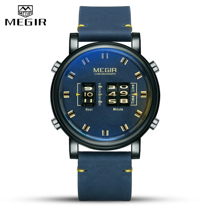 MEGIR Rolling Movement Watches for Men Personality Originality Roller Pointer Leather Fashion Casual Quartz Wristwatch Male