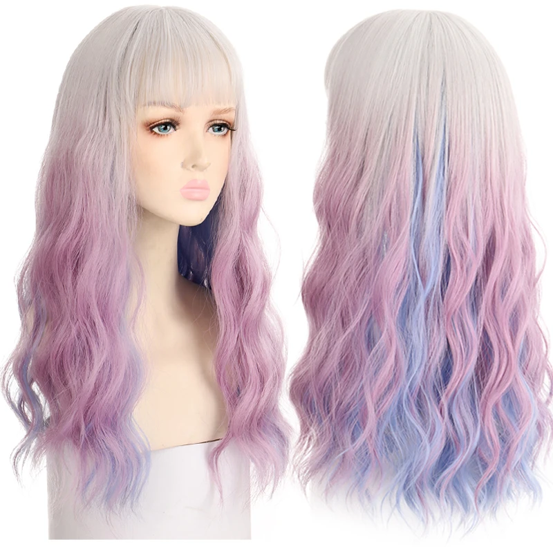 XUANGUANG Long Water Wave Purple Blue Wig Hair Layered Gradient Female Cosplay Party Daily Synthetic Hair Band Bangs Wig