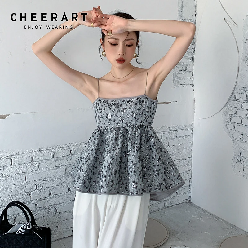 CHEERART Texture Backless Cami Top Grey Open Back Spaghetti Strap Floral Summer Sexy Top Women 2021 Fashion Trendy Clothes