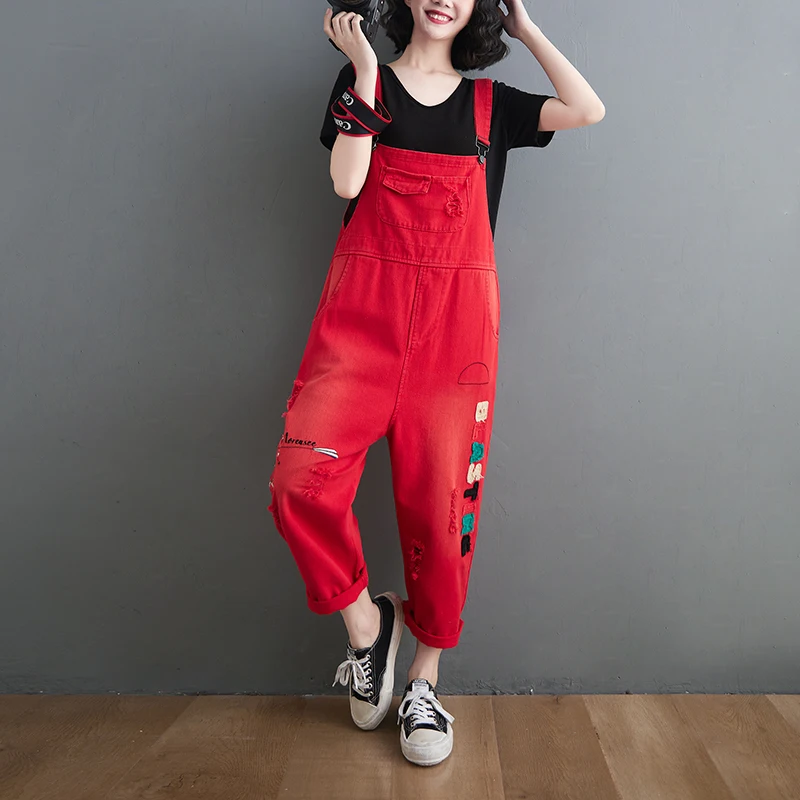 New Red Black Denim Overalls For Women Fashion Streetwear Jumpsuit Wide Leg Loose Baggy Bib Pants Ripped Combinaison Jeans Femme