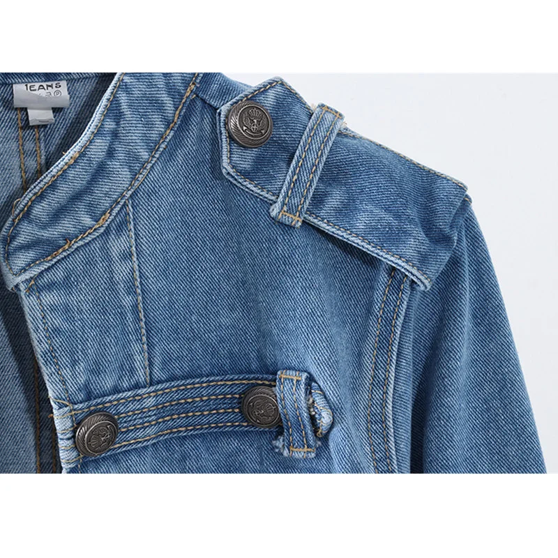 2024 Autumn Military Style Handsome Stand Collar Denim Jackets Women Double-breasted Slim Short Black Jeans Jacket Coat Female