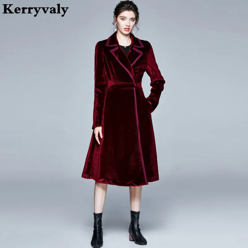 

Winter Velvet Windbreaker Midi Black Trench Coat Abrigos Mujer Invierno 2022 Long Sleeve Wine Red Business Suit Jacket K8895