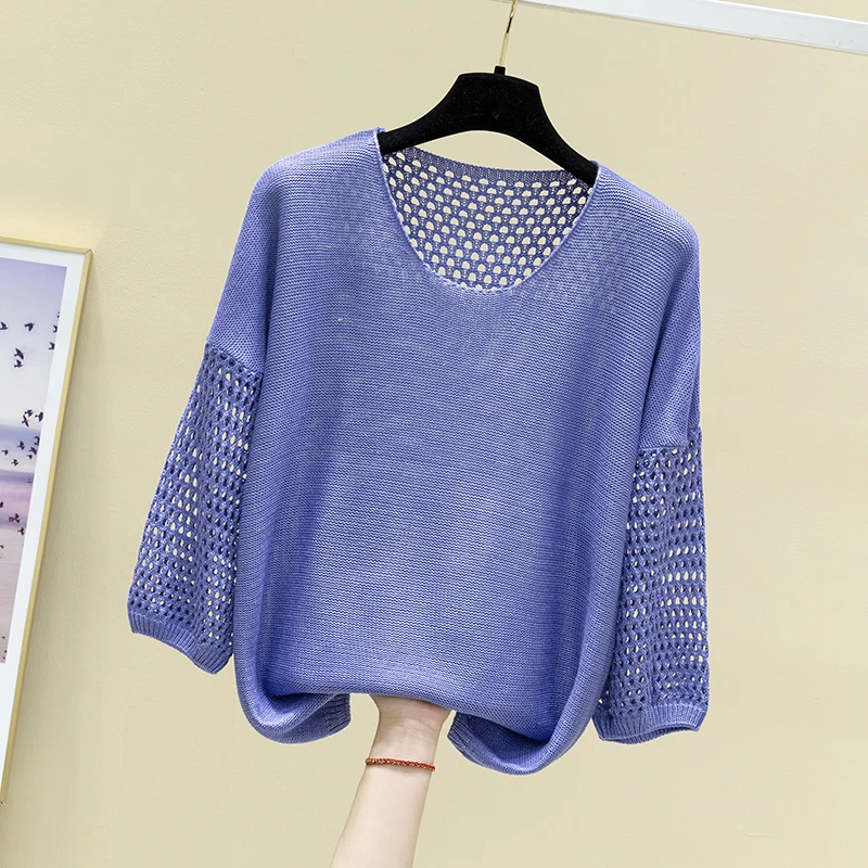 

spring new round neck sweater thin cut-out t-shirt female bat medium sleeve loose summer jacket fashion