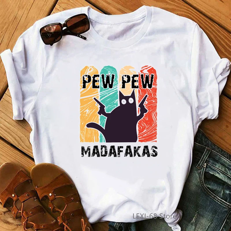 Vintage Funny Cat Pew Pew Madafakas Animal Print T-Shirt Women Graphic Tshirts Harajuku Kawaii Clothes T Shirt Female Wholesale