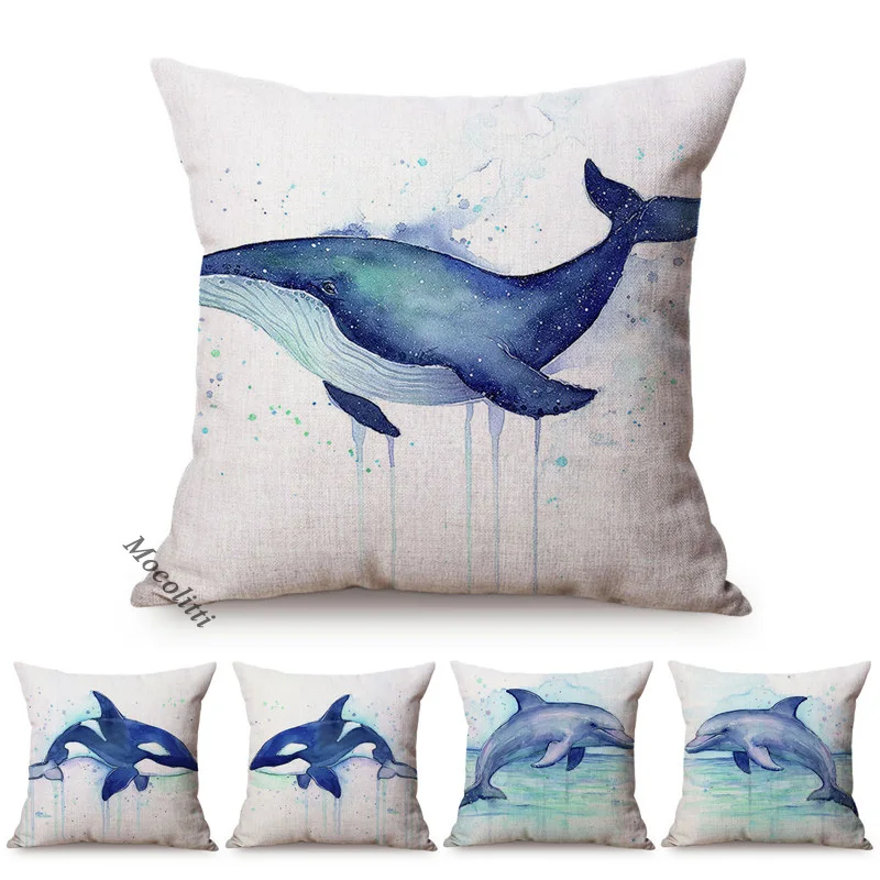Blue Ocean Animal Whale Dolphin Watercolor Art Home Decor Sofa Throw Pillow Case Cotton Linen Square Chair Cushion Cover cojines