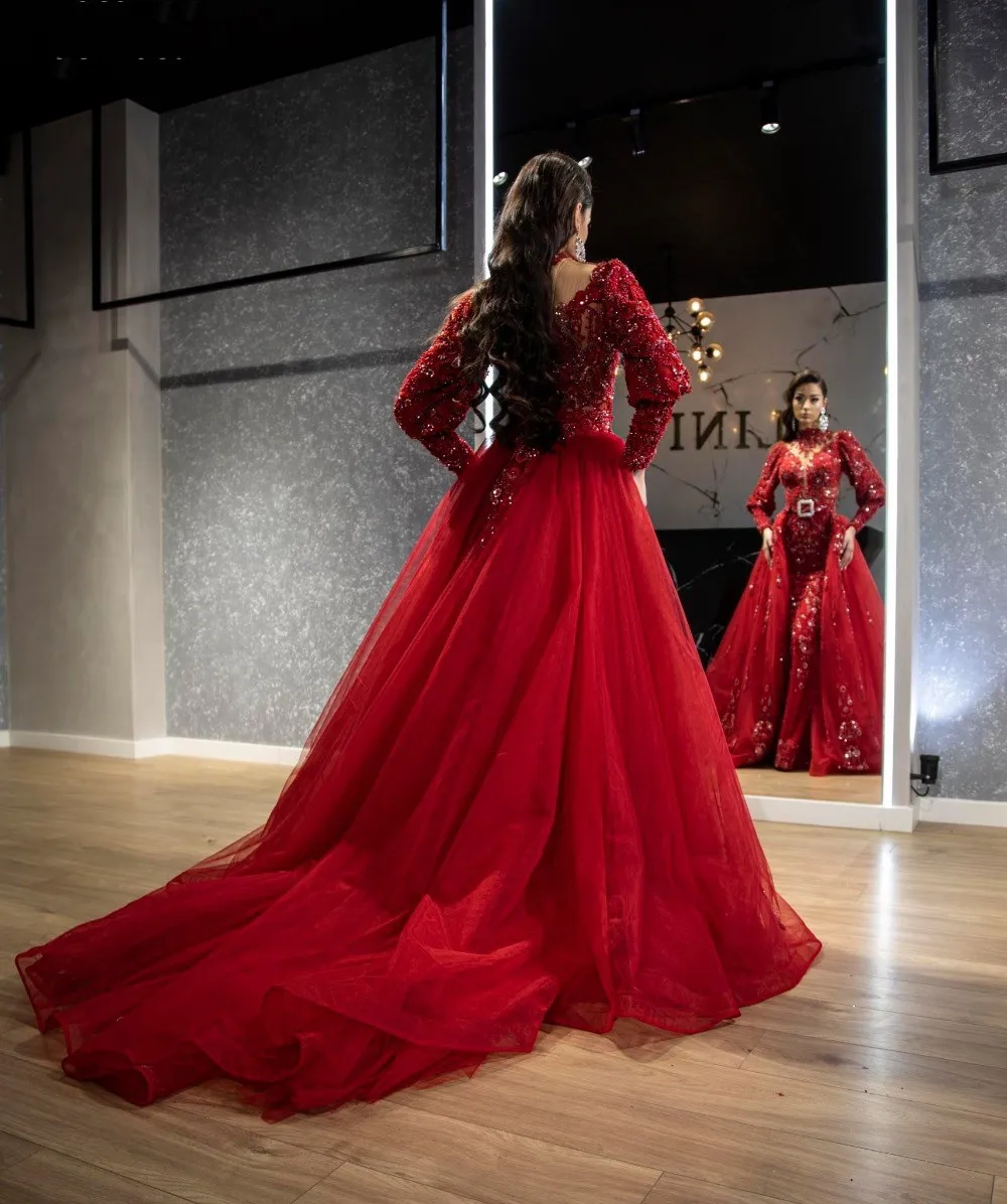 Shiny Red Evening Dress For Wedding 2023 Vestidos De Fiesta De Noche Beads Evening Dresses Formal Gown Tulle Removable Train