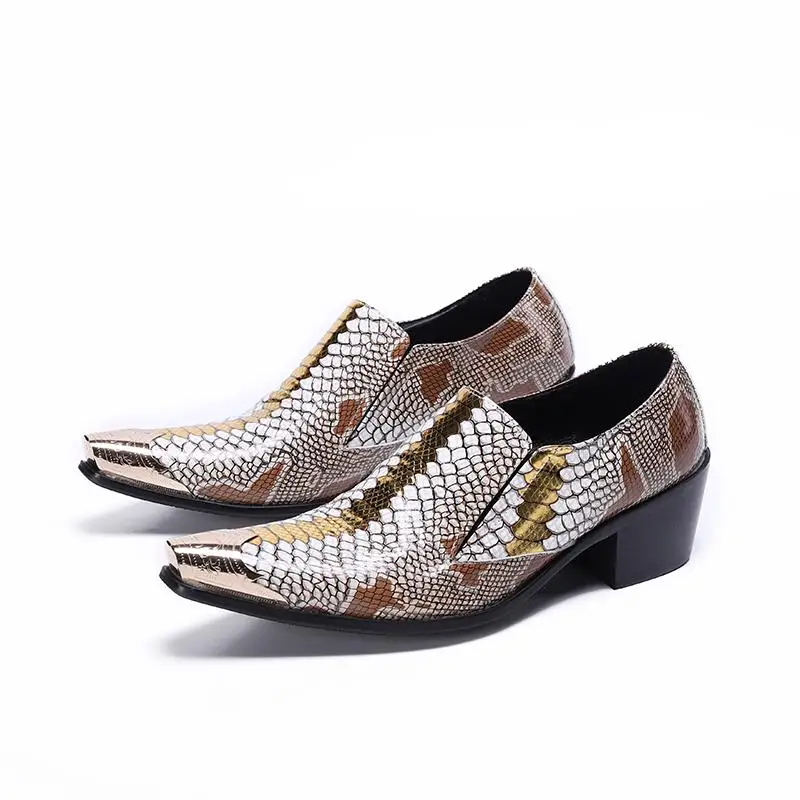 

High Heels Casual Party Dress Shoes Men Fashion Snakeskin Pattern Embossed Leather Height Increase Shoes Mens Career Work Shoes