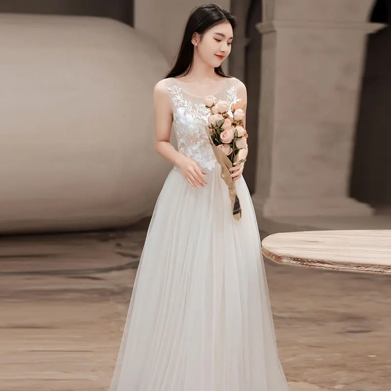 AE0040 Phong Cách Mới Ren Appliques Cổ Tròn Váy Áo Платья Cô Dâu Váy Áo Dây De Mariée Đầm Vestido De Noiva Chữ A Tầng Chiều Dài