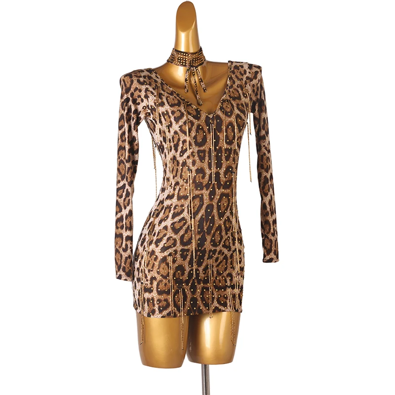 Vestido de baile Latino con purpurina para mujer, traje de baile de competición con flecos para niña, Salsa, leopardo Latino, personalizado, D1151, CACARE