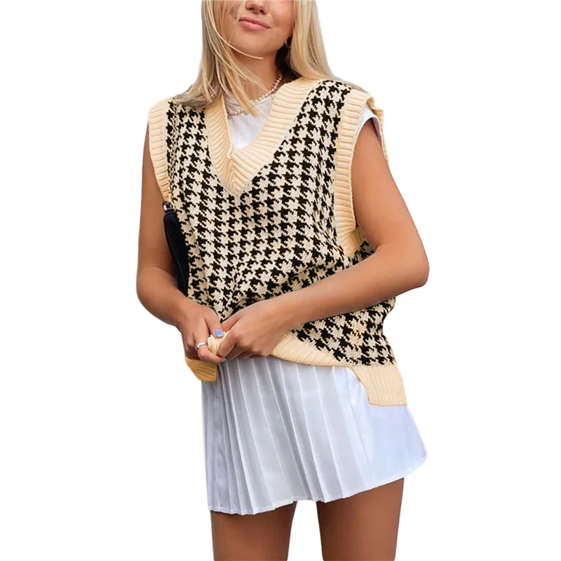 2021 Tops Girl Sweater Vest Women Jumper V Neck Pullover Knitted Vests Y2k Preppy Style Houndstooth Crop Top Autumn Outfits