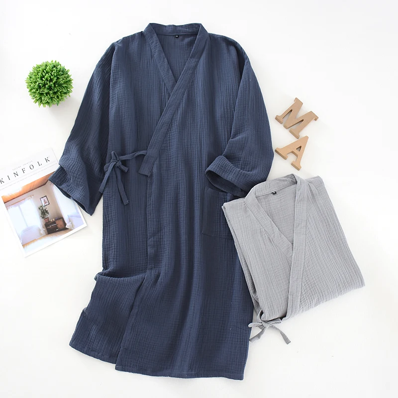 Men Casual Robes Pajamas Gauze Crepe Cotton Loose Kimono Spring Bathrobe Traditional Hanfu Home Clothes Sleepwear Nightgown