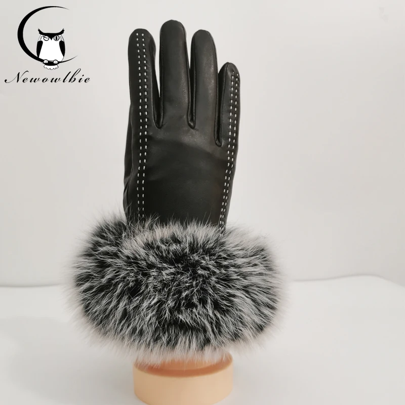 High-grade genuine Fashion New Women Winter Sexy Real Sheep Leather Real big Fox Fur Real Leather touch screen Gloves Mittens