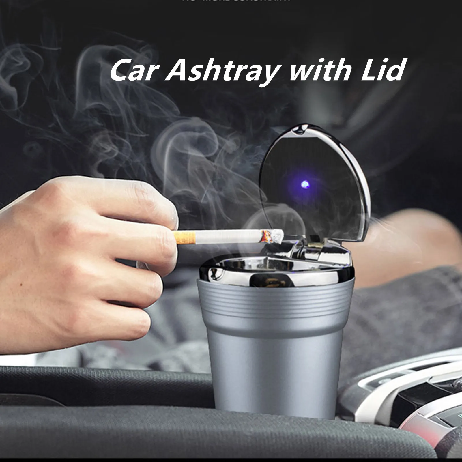 Car Ashtray with Lid Portable Car Cigarette Ashtray with Blue LED Light Car Cup Holder for Women/Men Car Interior Accessories