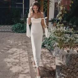 Cheap Sheath Wedding Dress Short Vintage Beach Bridal Dresses Pearls Straps Customized Wedding Gowns Ankle Length Casamento