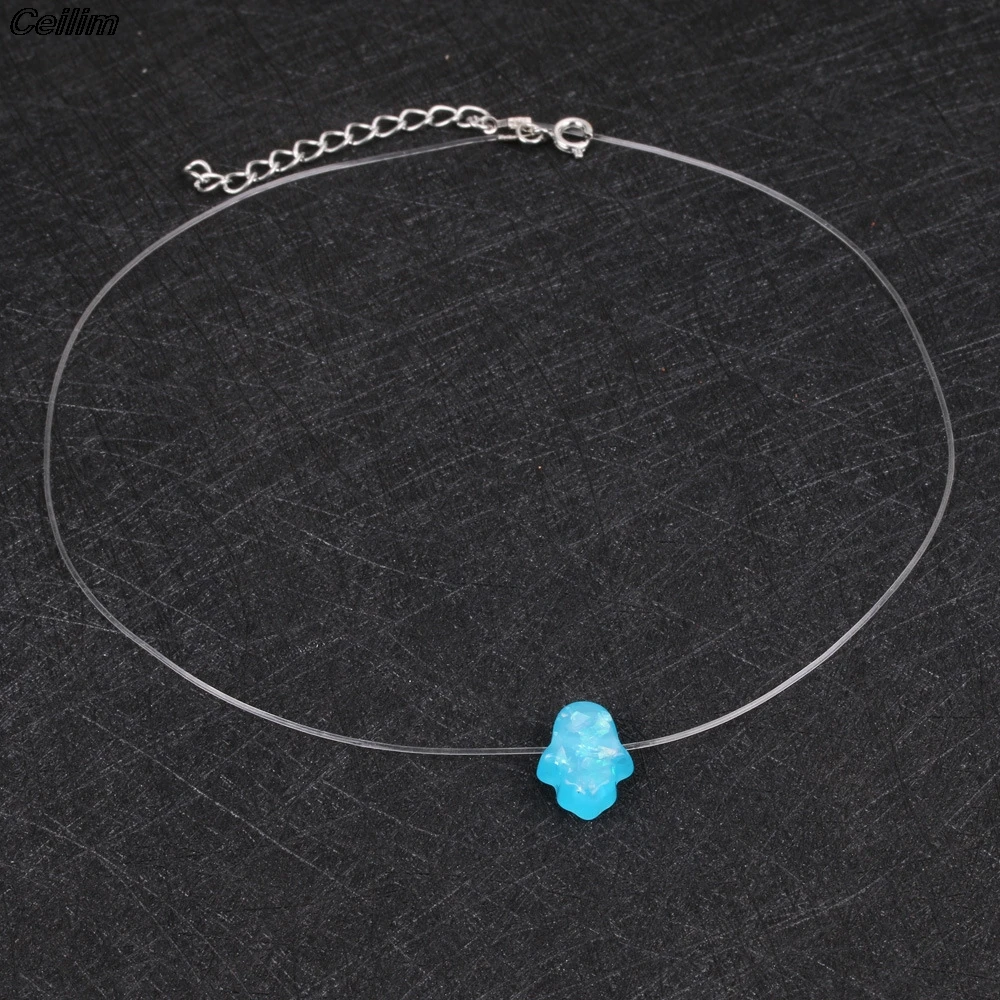 Collar de ópalo de Hamsa para mujer, colgante de mano de Fátima, gargantilla de línea de pescado transparente, joyería de moda