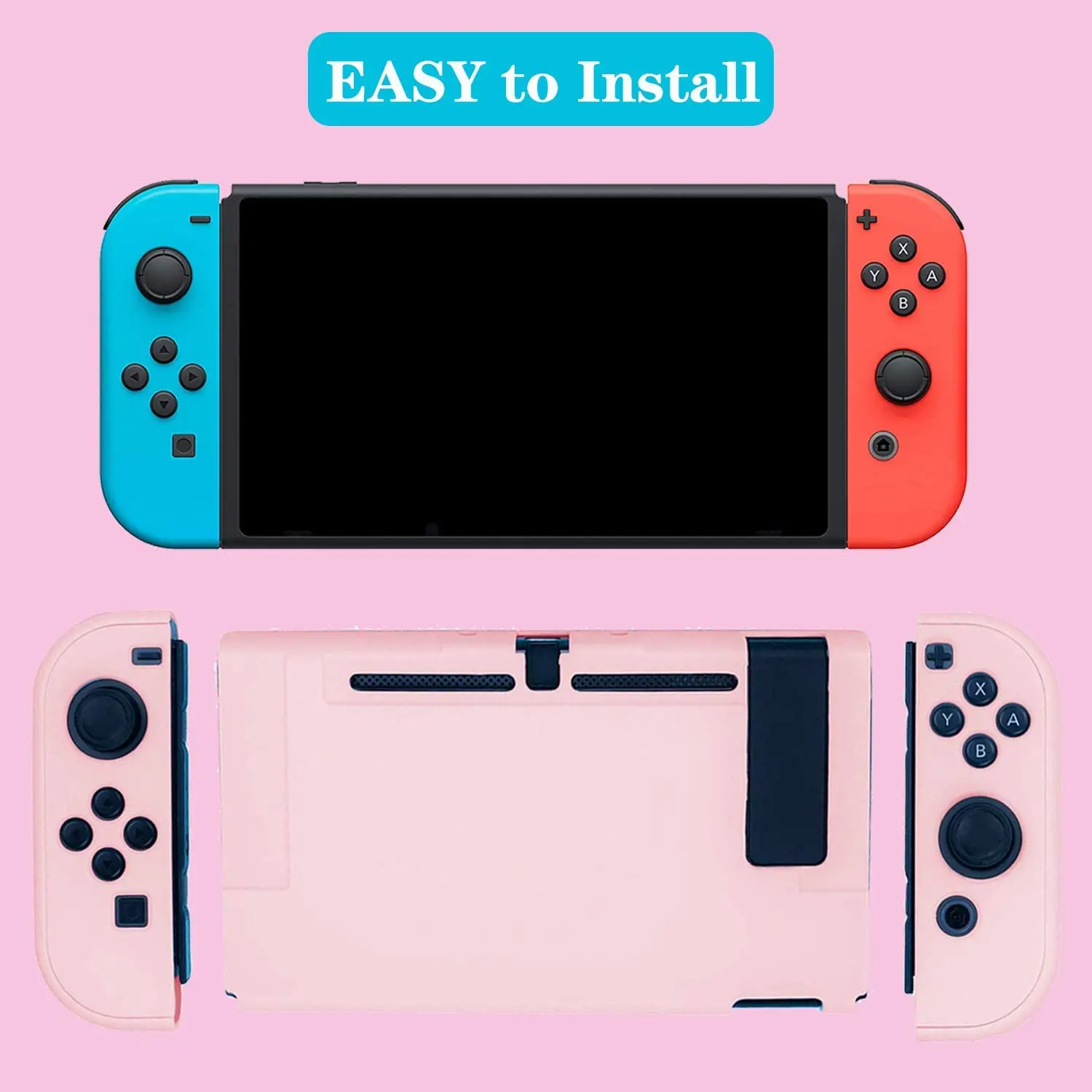 Capa protetora rosa para Nintendo Switch, Joy-Con Controladores, protetor de tela de vidro, 4 apertos do polegar