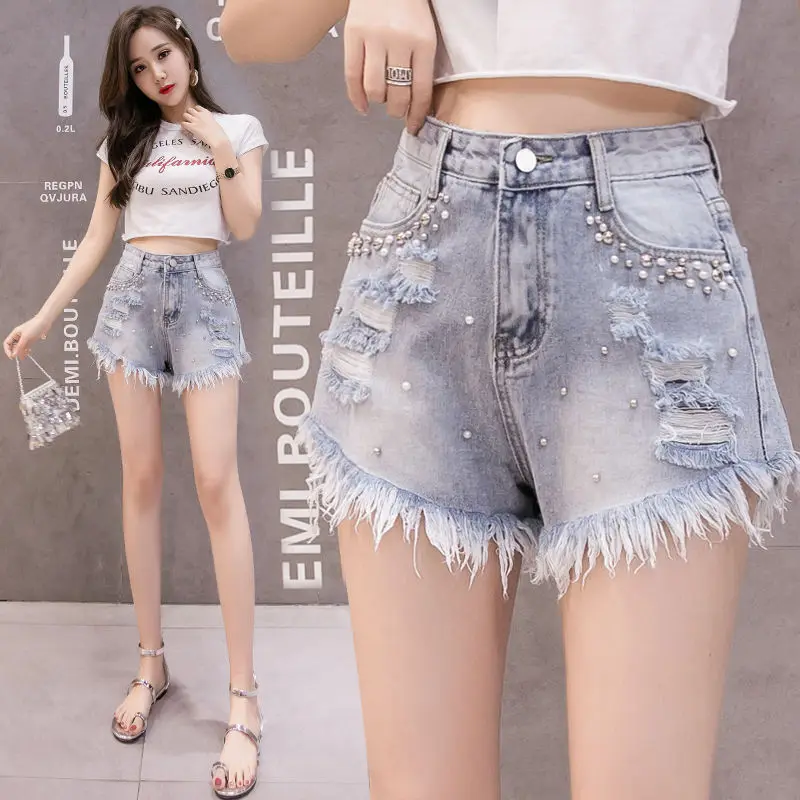 Fashion Shorts Women\'s Summer New Style Slim Broad Leg Freyed Edge Rivet Beads Washed Hole Lady Girls Denim Hot Jeans Female