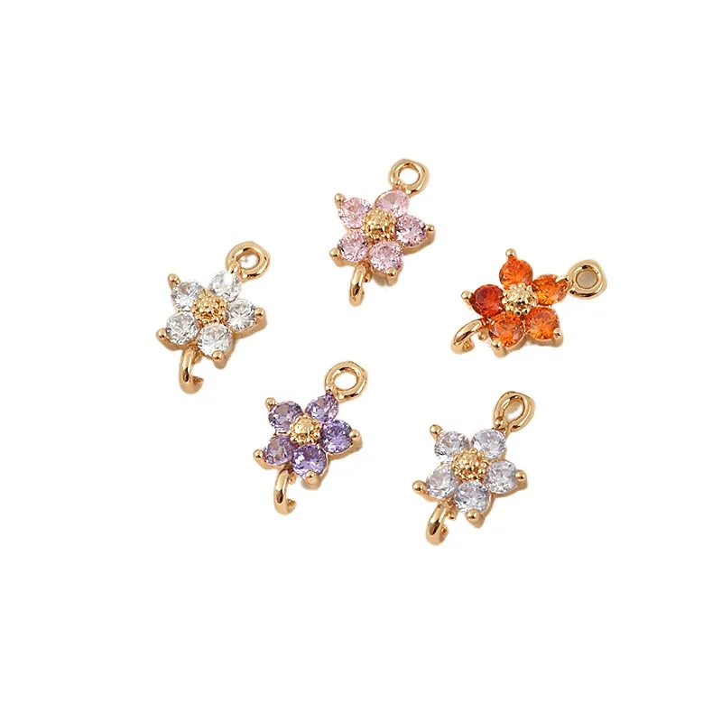 4PCS  Flower Five Petal Pendant DIY Earrings  Zircon for Jewelry Findings Components Jewelry Making Made Brass 18K Gold Plated