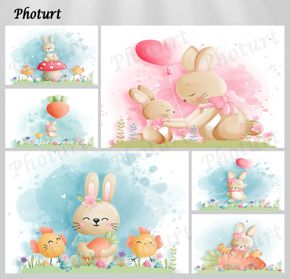 PHOTURT Easter Bunny Backdrop Festival Decoration Photography Background Spring Blue Pink Easter Eggs Banner Props