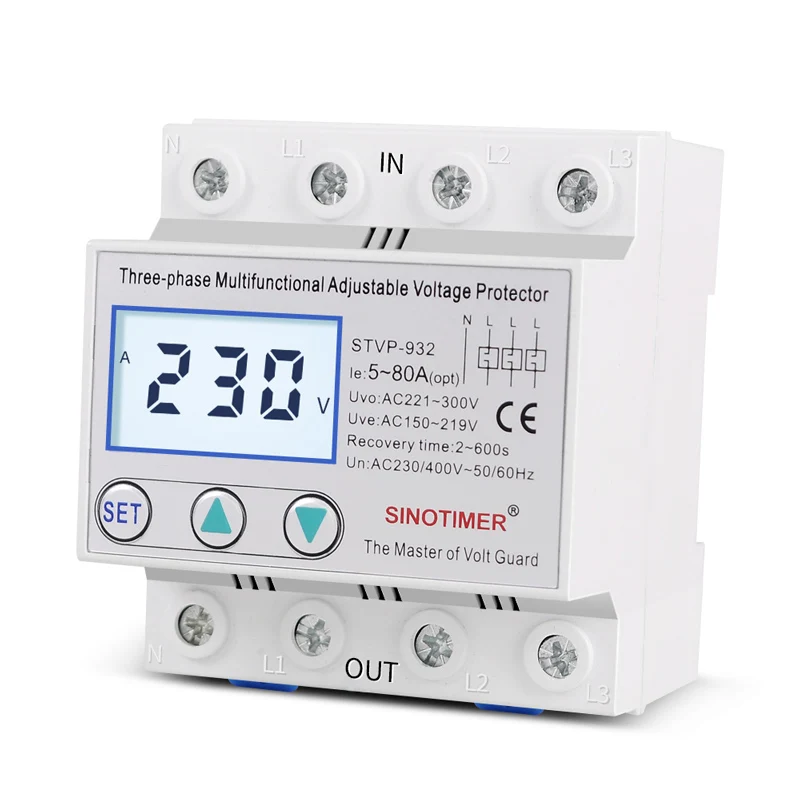 Din Rail Adjustable AC 380V 3 Phase Over and Under Voltage Protector Relays Voltmeter Monitors Phase Sequence Failure Protection