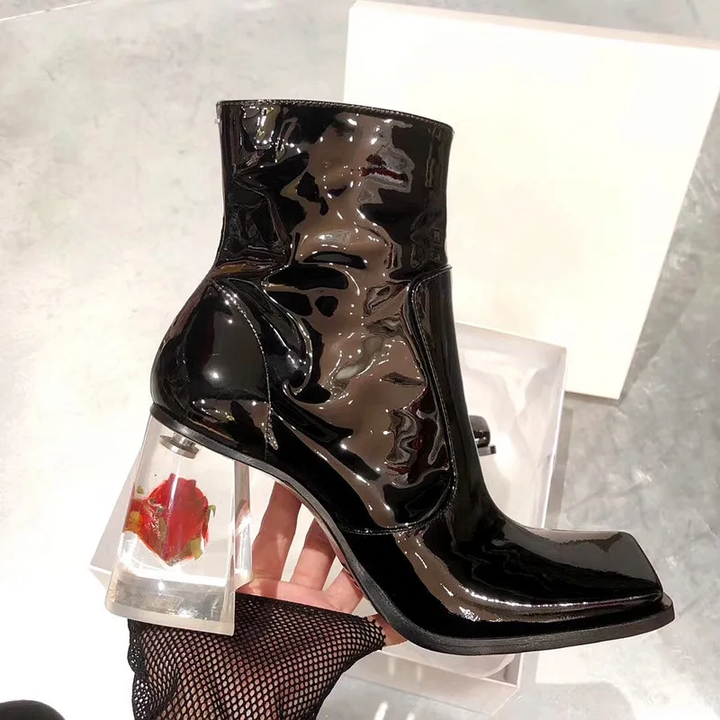 2024 Designer Rose Transparent Heel Women Ankle Boots Square Toe 8CM High Heel Booties Patent Leather Botas Mujer Ladies Shoes