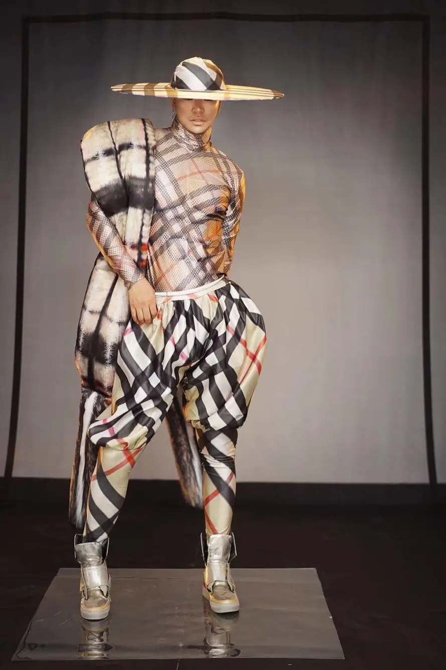

Classic plaid print Gogo men's and women's top hat bar opening catwalk Ds costume