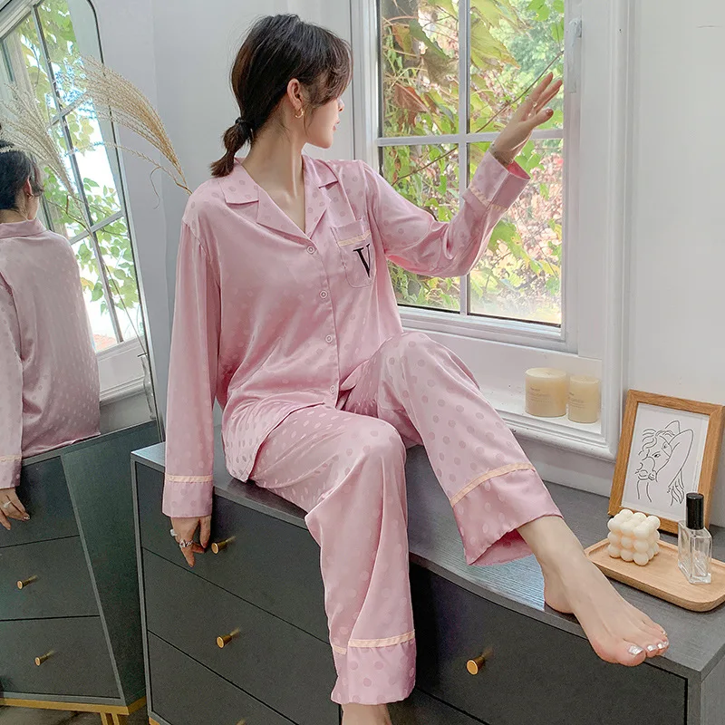 Button-Down Sleepwear Female Pajamas Suit Spring Autumn Nightwear Satin Two-pieces Set With Pants Summer Lounge Home Clothes