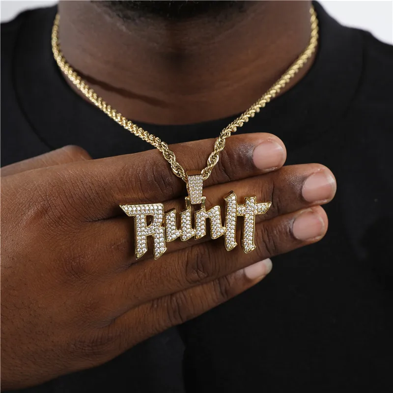 Hip Hop Run It Charm Bling Cubic Zirconia Stones Necklaces & Pendants For Men Rapper Jewelry With Solid Back