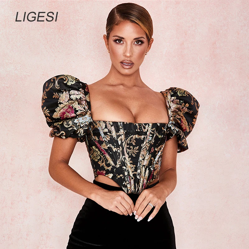 Blusa floral de manga soprada para mulheres, top sexy de espartilho Bustier, camisa preta floral bordada, blusas elegantes para festa