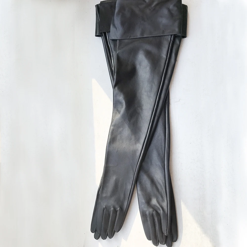 Custom-made Long Leather Gloves Really Sheepskin 60cm Eversion Double Layer Big Cut Extra Long Black Leather Touchscreen Women