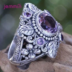 Punk Style Vintage 100% Flower 925 Sterling Silver Round Natural Amethyst Wedding Engagement Rings For Women Fine Jewelry