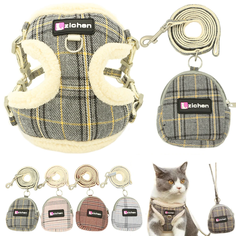 Soft Flannel Pet Dog Harness Vest, Snack Bag, No Pull, Adjustable, Chihuahua Puppy, Cat Harness, Leash Set for S,M Dogs Coat