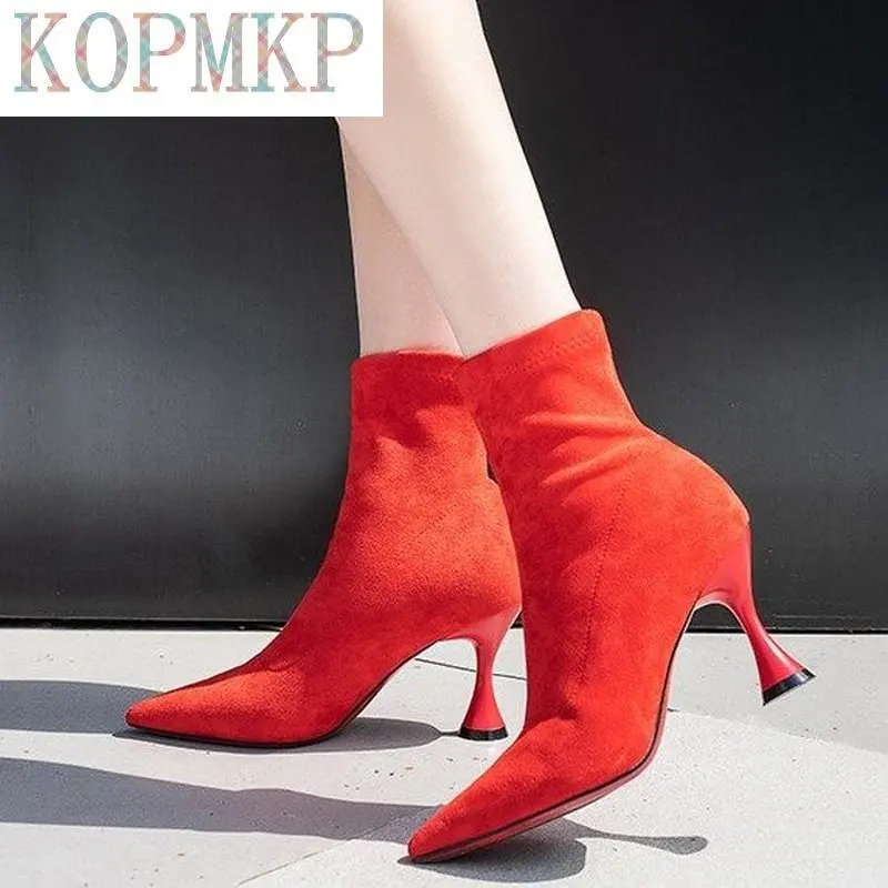 2021 New Fashion Women Ankle Boots Pointed Toe High Heel Stiletto Soft Suede Slip-on Boot Purple Black Red Cozy Botas Flock