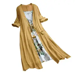 2Pcs/Set Oversize Lady Flower Print Cotton Linen Sleeveless Dress with Cardigan Hot apparel Women summer Elegant Dresses