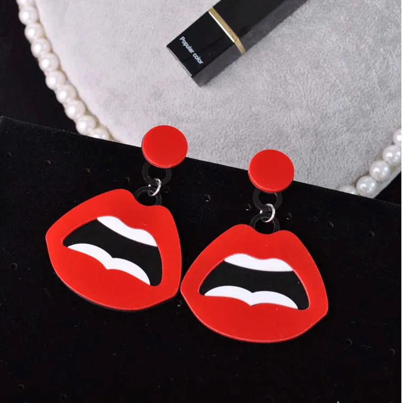 Fashion Sexy Red Mouth Lips Drop Earrings For Women Girls Hip-Hop Punk Geometric Long Dangle Earring Nightclub Jewelry Brincos