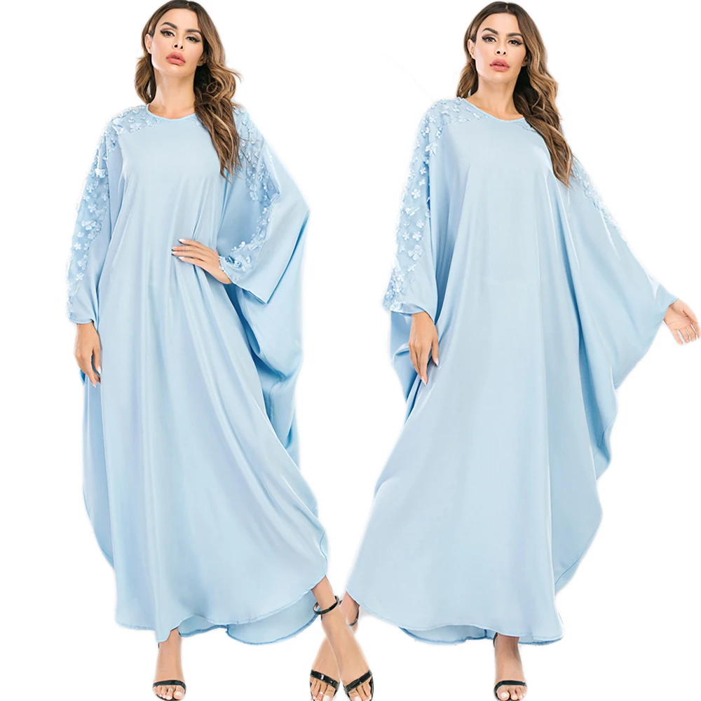 

Muslim Elegant Women Caftan Abaya Flower Arab Jilbab Batwing Sleeve Long Dress Kaftan Ramadan Loose Maxi Robe Dubai Casual Party