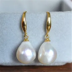 Pendientes de Perla Barroca blanca Natural, gancho colgante de 18K, boda cultivada en lágrima, 10-12mm