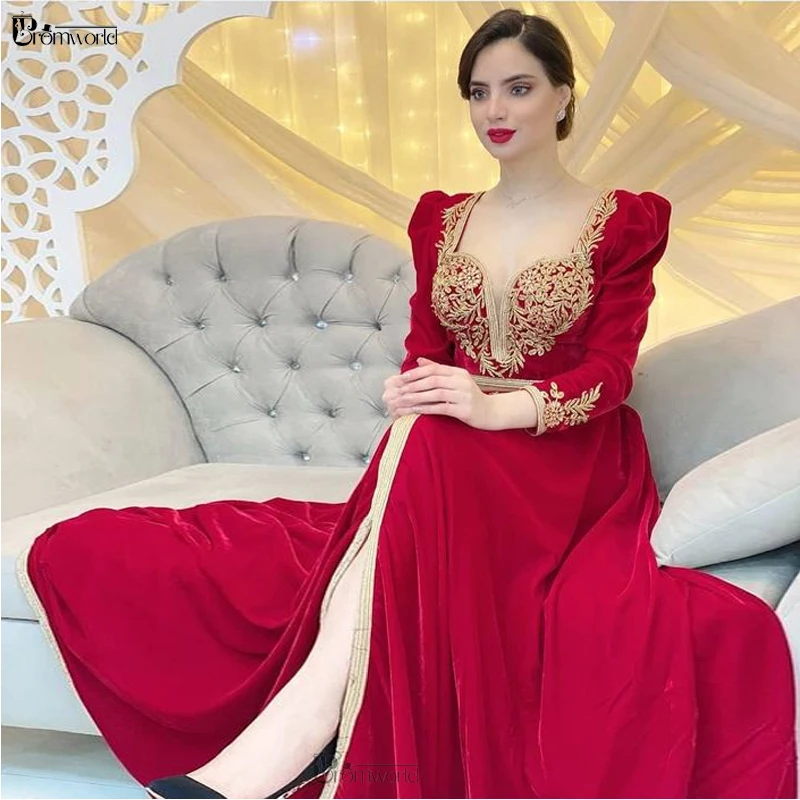 Red Moroccan Kaftan Muslim Formal Dress 2021 Sweetheart Appliques Saudi Arabic Elegant Long Sleeve Evening Party Gowns for Women