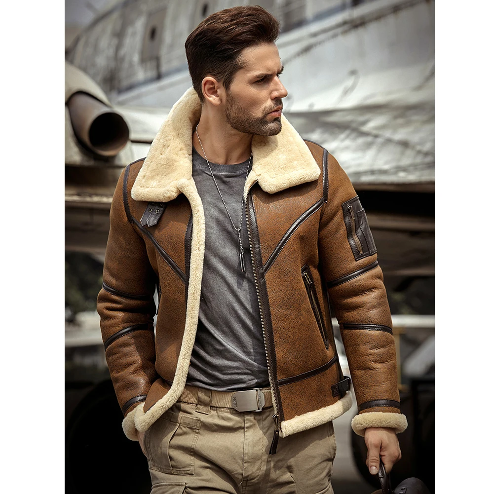 Denny&Dora New Mens Shearling Jacket B3 Flight Jacket Sheepskin Aviator Winter Coat Fur Bomber Leather Jacket