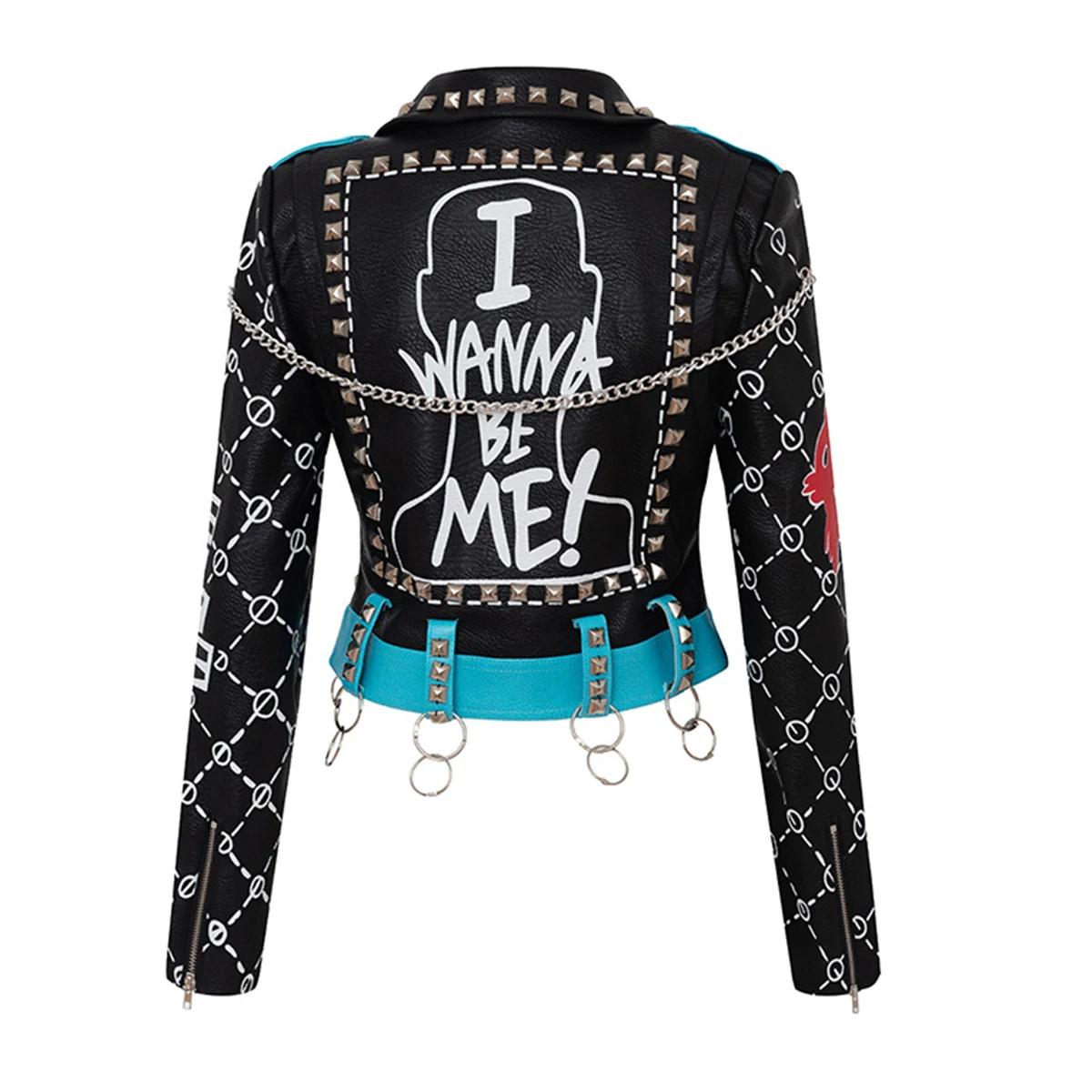 New PU Women Graffiti Print Rivet Jacket Casual Punk short Faux Leather Chain Top Winter Slim windbreak Motorcycle Coat outwear