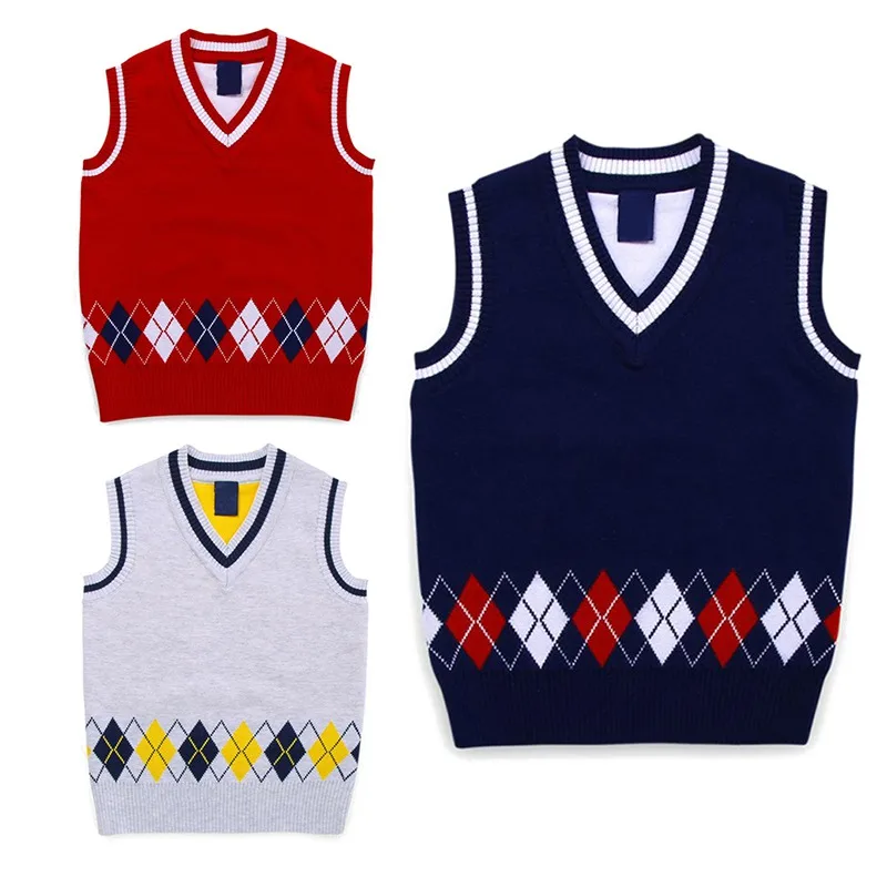 Autumn Spring Casual Kids Boys Girls Outerwear Sweater Vest Argyle V Neck Sleeveless Pullover Knit School Waistcoat 2-7Y