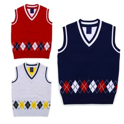 Autumn Spring Casual Kids Boys Girls Outerwear Sweater Vest Argyle V Neck Sleeveless Pullover Knit School Waistcoat 2-7Y