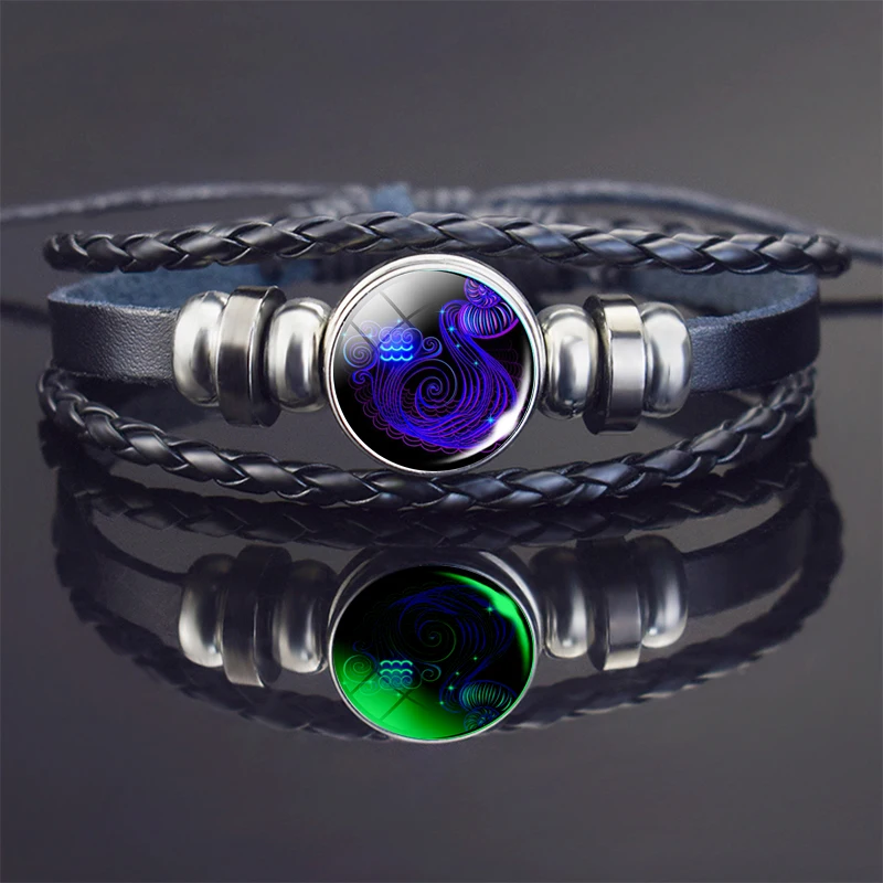 Luminous Aquarius Bracelet Zodiac Sign Braided Leather Bracelet Glow In The Dark Aquarius Jewelry Birthday Present