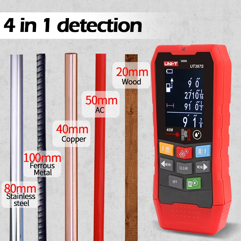 Imagem -02 - Uni-t Scanner de Parede Ut387e Ut387s Ut387lm em Detector de Metais Localizador de Pinos de Madeira Tensão ac Cabo ao Vivo Fios Rastreador de Profundidade