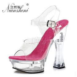 14CM Platform Sandals Concise Shallow Elegant Sexy High Stripper 5 Inch High Heels  square Crystal Pole Dance Shoes Exotic club