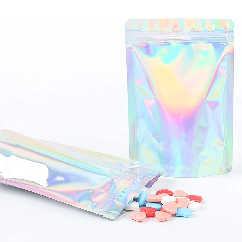 1000Pcs 6 Size Laser Aluminum Foil Mylar bag Hologram Rainbow Stand Up Plastic Packaging Bag With Tear Notch Factory Wholesale